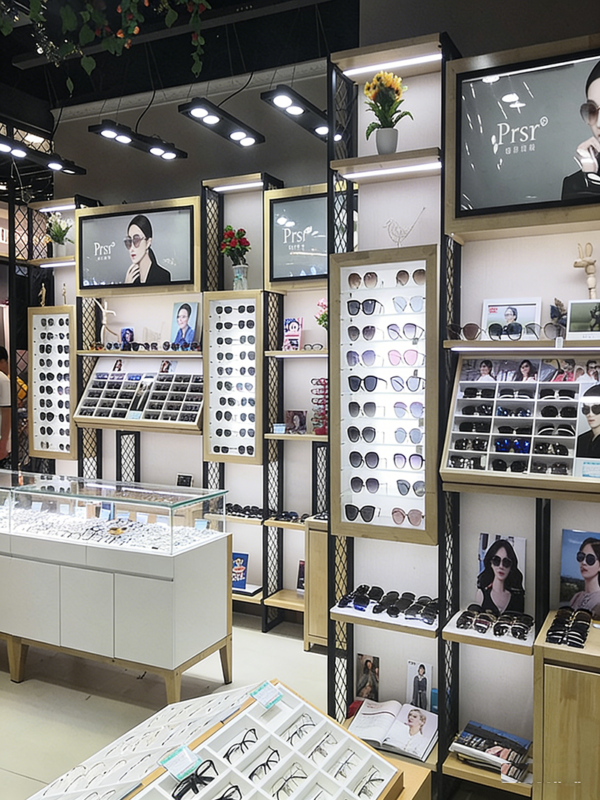 Customized Wood Baking Paint Glass Glasses Display Cabinet Island Cabinet Sunglasses Eyeglass Store Shelf showcase