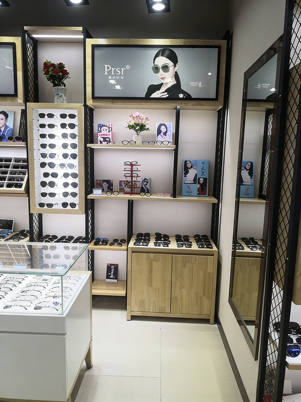 Customized Wood Baking Paint Glass Glasses Display Cabinet Island Cabinet Sunglasses Eyeglass Store Shelf showcase