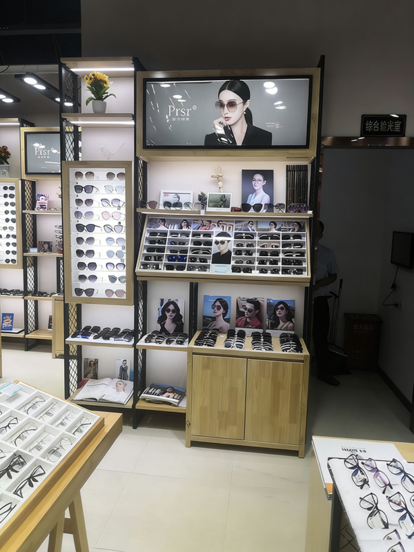 Customized Wood Baking Paint Glass Glasses Display Cabinet Island Cabinet Sunglasses Eyeglass Store Shelf showcase