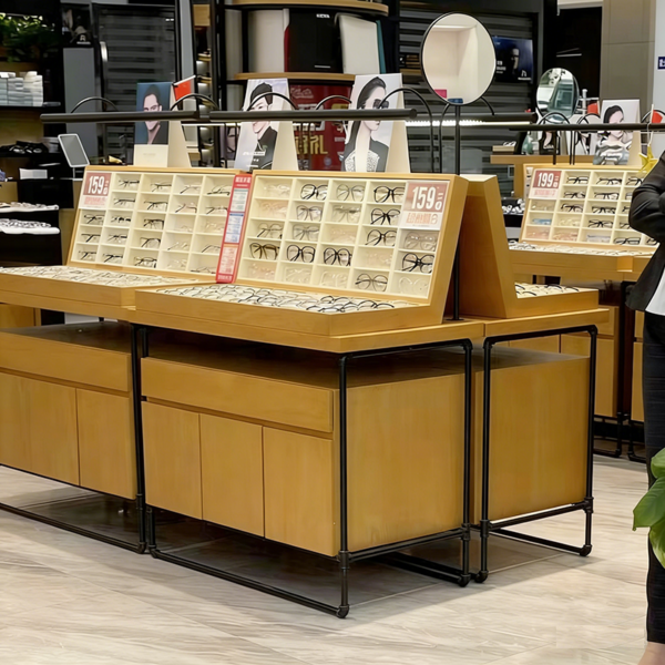 Customized Glasses Island Cabinet Shopping Mall Glasses Display Rack Wood Grain Baking Paint Sunglasses Display Cabinet