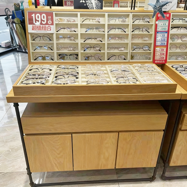 Customized Glasses Island Cabinet Shopping Mall Glasses Display Rack Wood Grain Baking Paint Sunglasses Display Cabinet