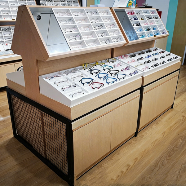 Customized Glasses Island Cabinet Shopping Mall Glasses Display Rack Wood Grain Baking Paint Sunglasses Display Cabinet