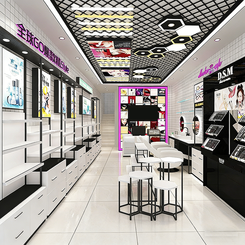 Cosmetics Display Cabinet Beauty Salon Makeup Skincare Products Shelves Back Cabinets Central Island showcase Store Design