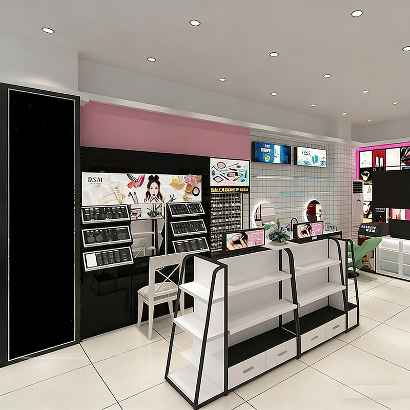 Cosmetics Display Cabinet Beauty Salon Makeup Skincare Products Shelves Back Cabinets Central Island showcase Store Design