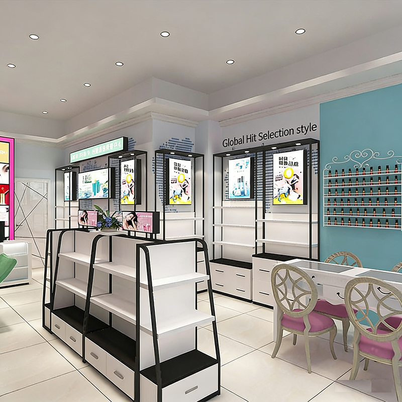 Cosmetics Display Cabinet Beauty Salon Makeup Skincare Products Shelves Back Cabinets Central Island showcase Store Design