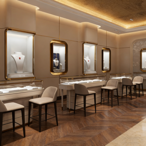 Luxury High-end Jewelry Display Cabinet Tempered Glass Stainless Steel Gold Diamond Display Showroom for Shopping Mall