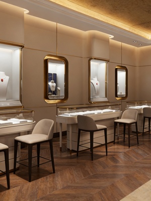 Luxury High-end Jewelry Display Cabinet Tempered Glass Stainless Steel Gold Diamond Display Showroom for Shopping Mall