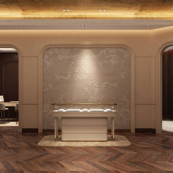 0328-10-2 Luxury High-end Jewelry Display Cabinet Tempered Glass Stainless Steel Gold Diamond Display Showroom for Shopping Mall