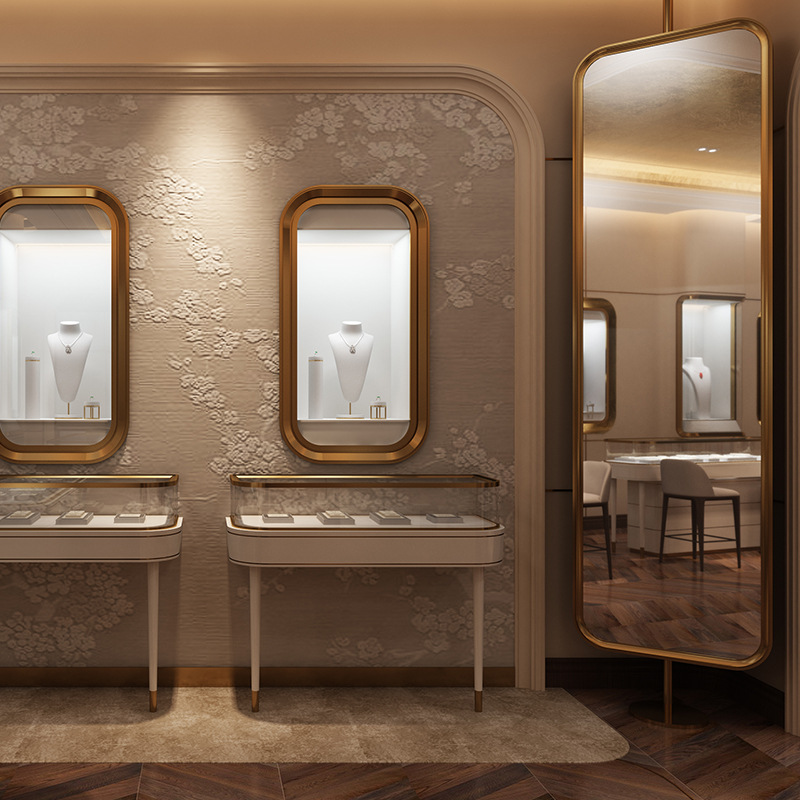 Luxury High-end Jewelry Display Cabinet Tempered Glass Stainless Steel Gold Diamond Display Showroom for Shopping Mall
