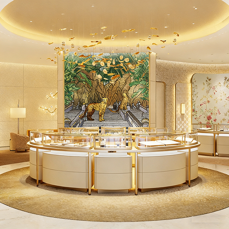 Customized Luxury Jewelry & Watch Display Cabinet Curved Glass Showcase High-End Counter Island for Shopping Mall Jewelry Store
