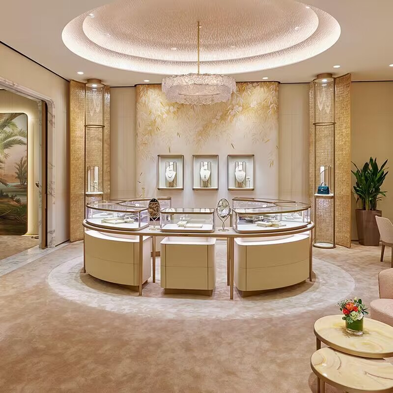 Customized Luxury Jewelry & Watch Display Cabinet Curved Glass Showcase High-End Counter Island for Shopping Mall Jewelry Store