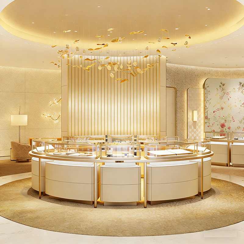 Customized Luxury Jewelry & Watch Display Cabinet Curved Glass Showcase High-End Counter Island for Shopping Mall Jewelry Store