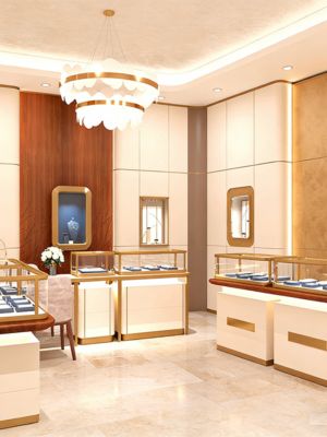 0328-7-1 Customized Display Fixtures for Shopping Mall Entire Store Illuminated Display Cabinets Gold Jewelry Central Island Showcase