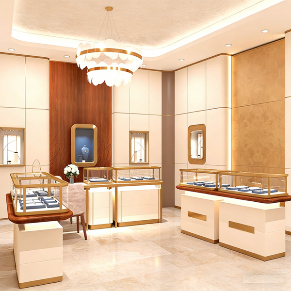 Customized Display Fixtures for Shopping Mall Entire Store Illuminated Display Cabinets Gold Jewelry Central Island Showcase