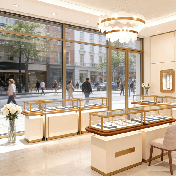 Customized Display Fixtures for Shopping Mall Entire Store Illuminated Display Cabinets Gold Jewelry Central Island Showcase