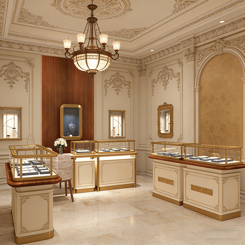 Customized Display Fixtures for Shopping Mall Entire Store Illuminated Display Cabinets Gold Jewelry Central Island Showcase