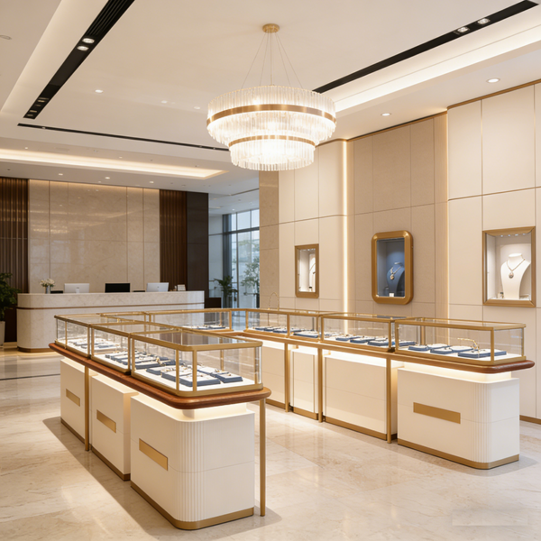 Customized Display Fixtures for Shopping Mall Entire Store Illuminated Display Cabinets Gold Jewelry Central Island Showcase