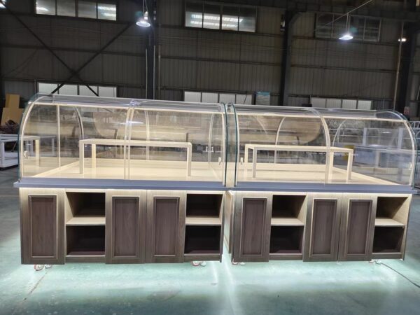 Bread Store Design Customized Curved Commercial Bread Display Cabinet Trolley Rack Bakery Cake Island Side Display Cabinets