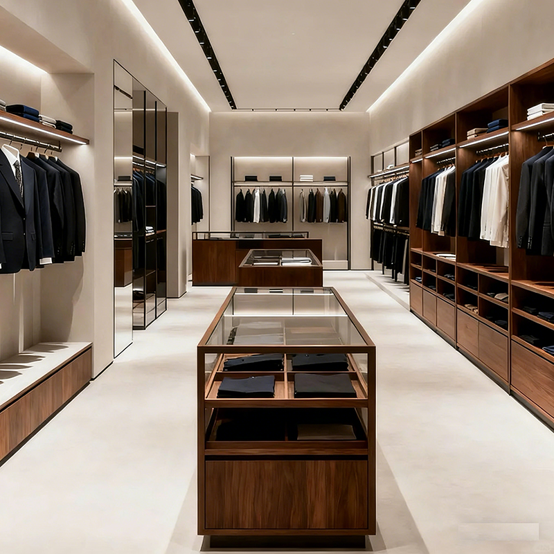 Customization High End Suit Display Cabinet with Light Wooden Baked Paint Suit Men's Clothing Shelf Display Cabinet