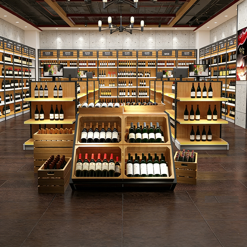 0403-1-1 Wine Store Design Red Wine Display Cabinet Shelf Cigarette Supermarket Shelf Display Rack Steel Wood Wine Shelf