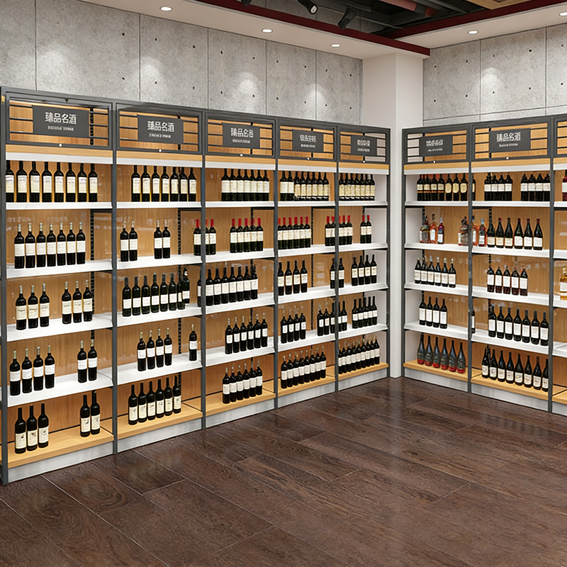 0403-1-3 Wine Store Design Red Wine Display Cabinet Shelf Cigarette Supermarket Shelf Display Rack Steel Wood Wine Shelf