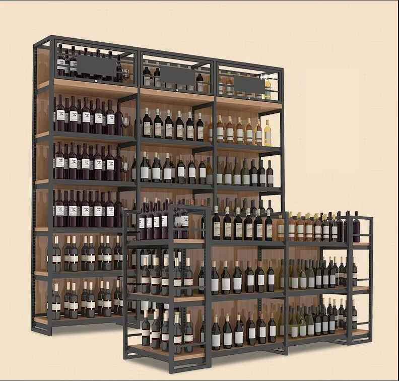 0403-1-5 Wine Store Design Red Wine Display Cabinet Shelf Cigarette Supermarket Shelf Display Rack Steel Wood Wine Shelf