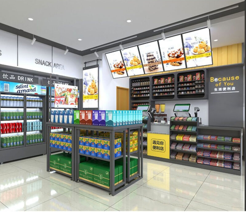 0403-2-15 Supermarket Shelf Display Rack Display Shelf Bulk Snack Rack Steel Wood Display Cabinet for Convenience Store Supermarket