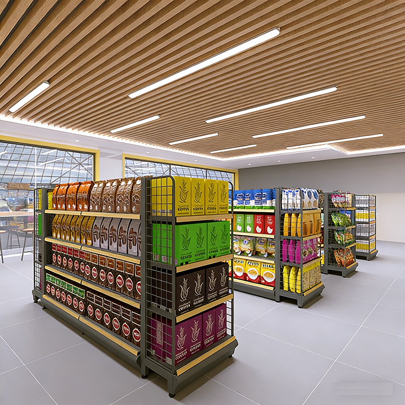 0403-2-3 Supermarket Shelf Display Rack Display Shelf Bulk Snack Rack Steel Wood Display Cabinet for Convenience Store Supermarket