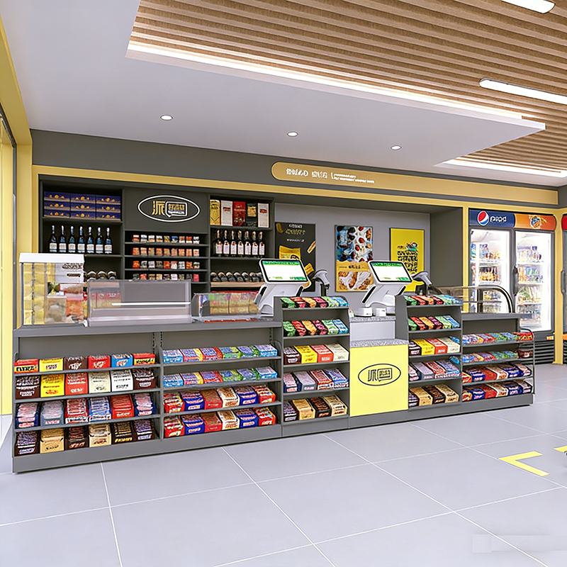 0403-2-4 Supermarket Shelf Display Rack Display Shelf Bulk Snack Rack Steel Wood Display Cabinet for Convenience Store Supermarket
