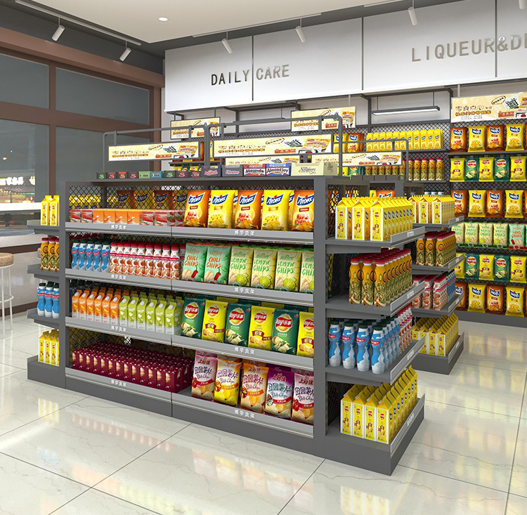 0403-2-6 Supermarket Shelf Display Rack Display Shelf Bulk Snack Rack Steel Wood Display Cabinet for Convenience Store Supermarket