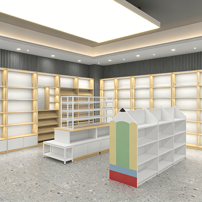 0409-2-2 Book Stationery Store Design Customized Dopamine Style Trendy Shelf Display Racks Commercial Steel Wood Display Cabinet Storage