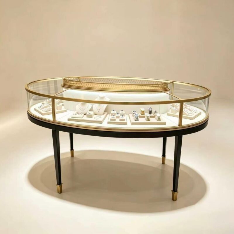 0415-2-2 Oval Glass Stainless Steel Jewelry Display Cabinet With Lighting Gold/Black High-end Luxury Island Customizable Display Showcase