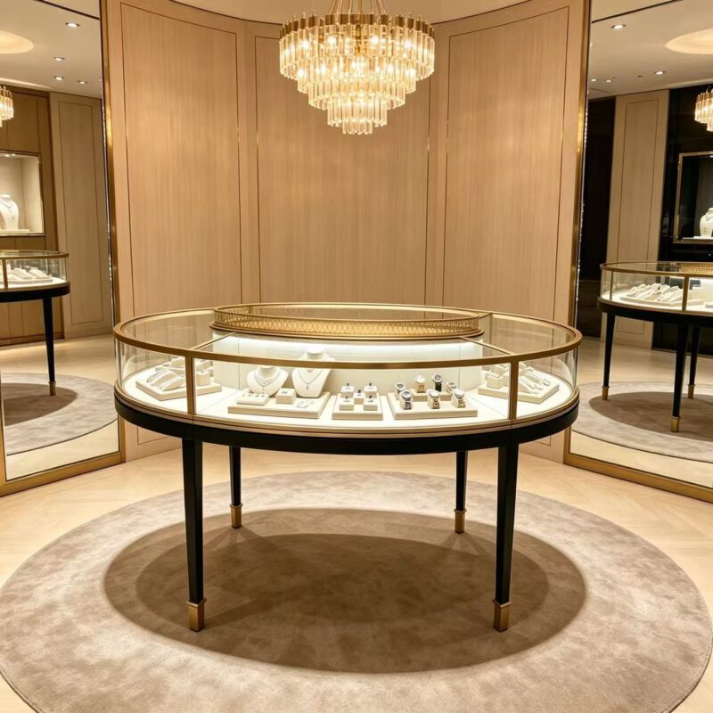 0415-2-3 Oval Glass Stainless Steel Jewelry Display Cabinet With Lighting Gold/Black High-end Luxury Island Customizable Display Showcase