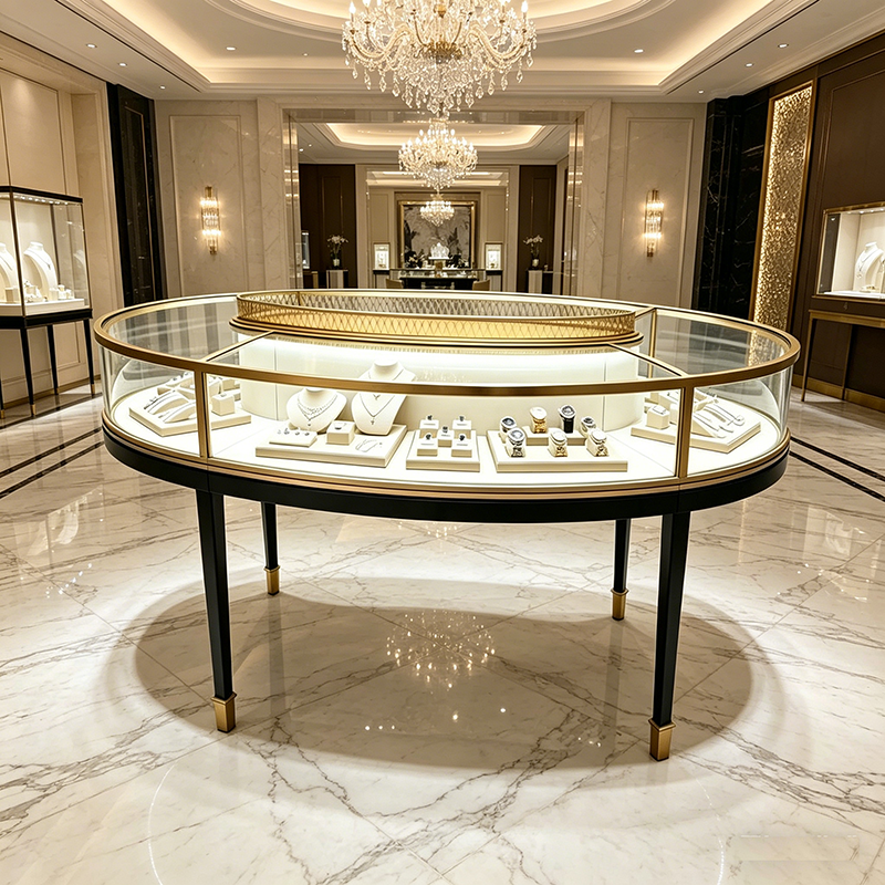0415-2-5 Oval Glass Stainless Steel Jewelry Display Cabinet With Lighting Gold/Black High-end Luxury Island Customizable Display Showcase