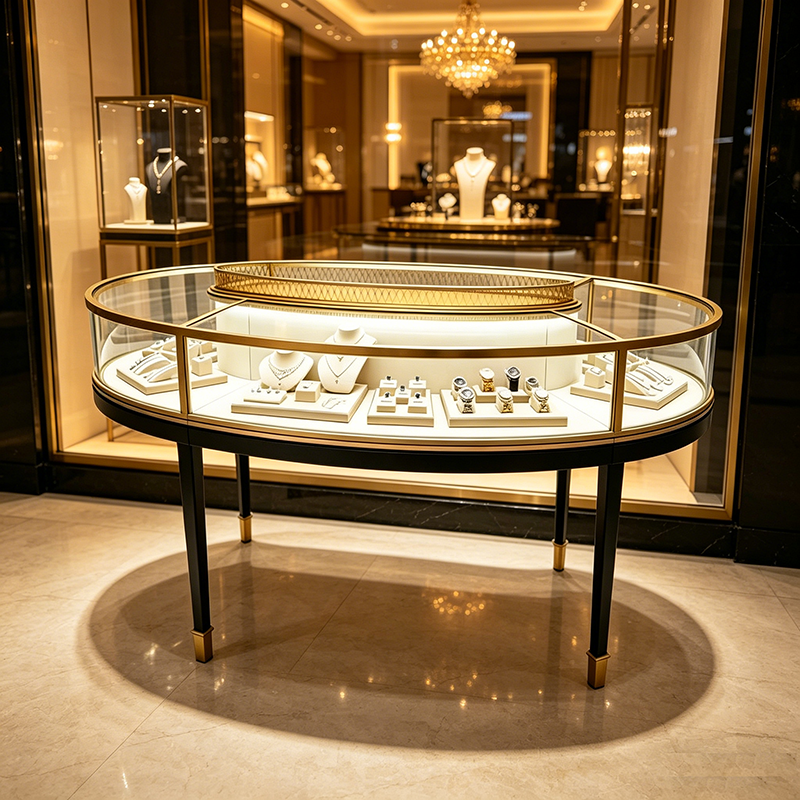 0415-2-6 Oval Glass Stainless Steel Jewelry Display Cabinet With Lighting Gold/Black High-end Luxury Island Customizable Display Showcase