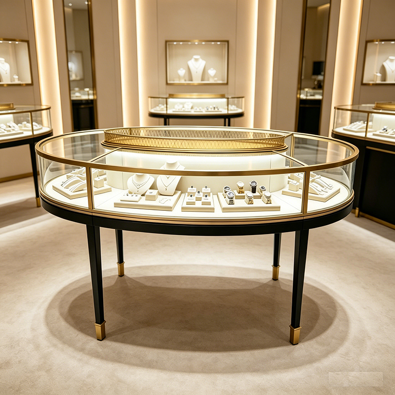 0415-2-8 Oval Glass Stainless Steel Jewelry Display Cabinet With Lighting Gold/Black High-end Luxury Island Customizable Display Showcase