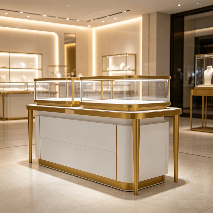 0415-4-7 Custom Luxury High-end Stainless Steel Glass Lockable Jewelry & Watch Display Cabinet Store Design for Jewelry Stores