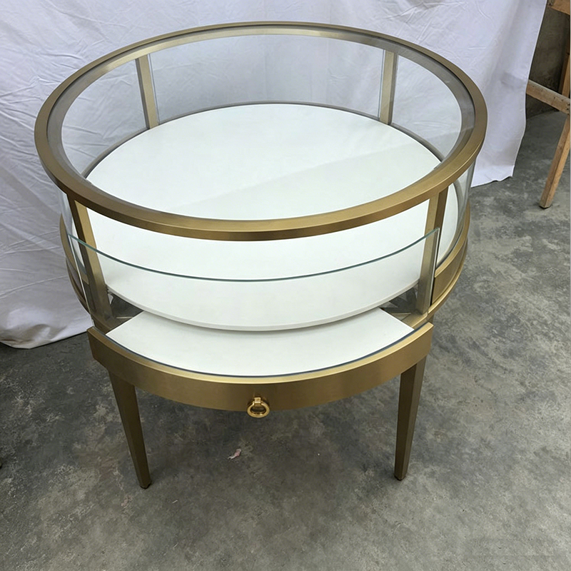 Jewelry Store Design Round Stainless Steel Gold Jewelry & Jade Display Cabinet with Curved Glass Pull-out Design Showcase