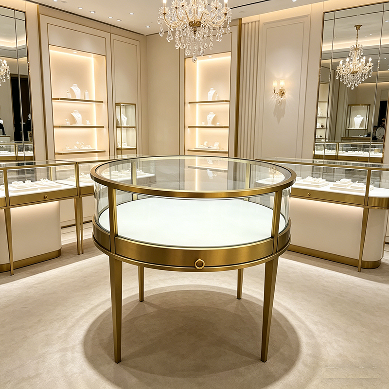 Jewelry Store Design Round Stainless Steel Gold Jewelry & Jade Display Cabinet with Curved Glass Pull-out Design Showcase