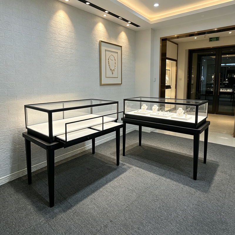 Wholesale Black Jewelry Display Cabinet Stainless Steel Pull-out Transparent Glass Counter for Shopping Mall Jewelry Store