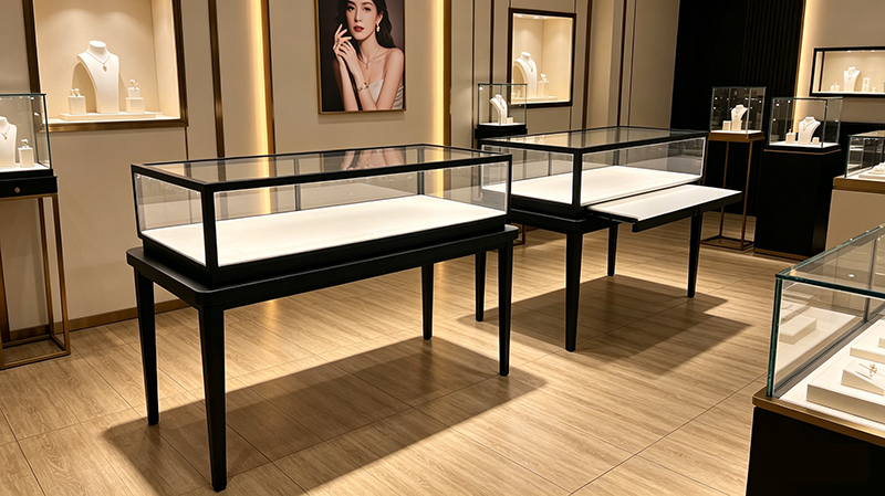 Wholesale Black Jewelry Display Cabinet Stainless Steel Pull-out Transparent Glass Counter for Shopping Mall Jewelry Store