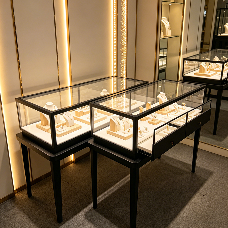 Wholesale Black Jewelry Display Cabinet Stainless Steel Pull-out Transparent Glass Counter for Shopping Mall Jewelry Store